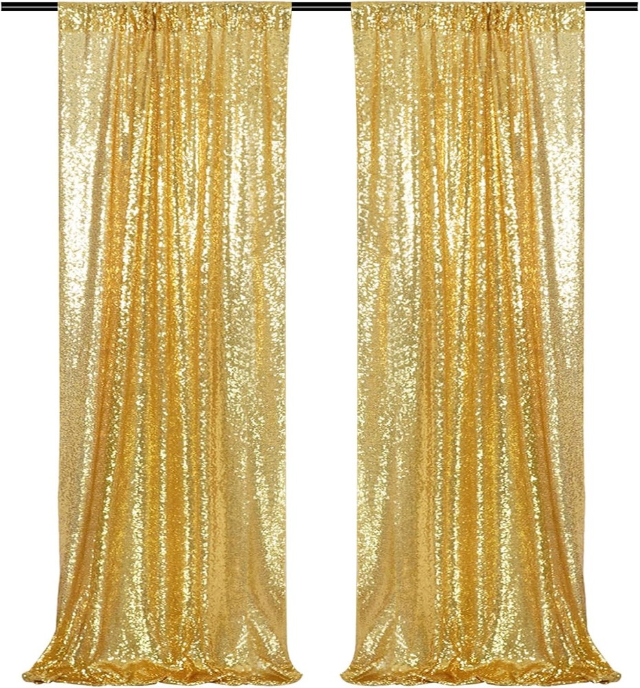 Gold Sequin Backdrop Curtains 2x8ft 2 Panels – High Density 3mm Shimmer Sequin