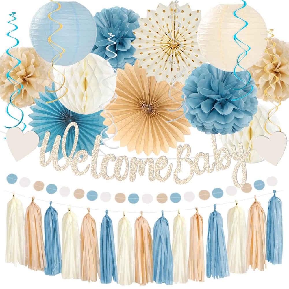 Light-Dusty Blue Boho Baby Shower Party-Decorations Beige Champagne Boy Neutr…