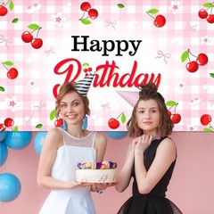Cherry Birthday Banner Cherry Bow Birthday Decorations for Gilrs 6×3.6 ft