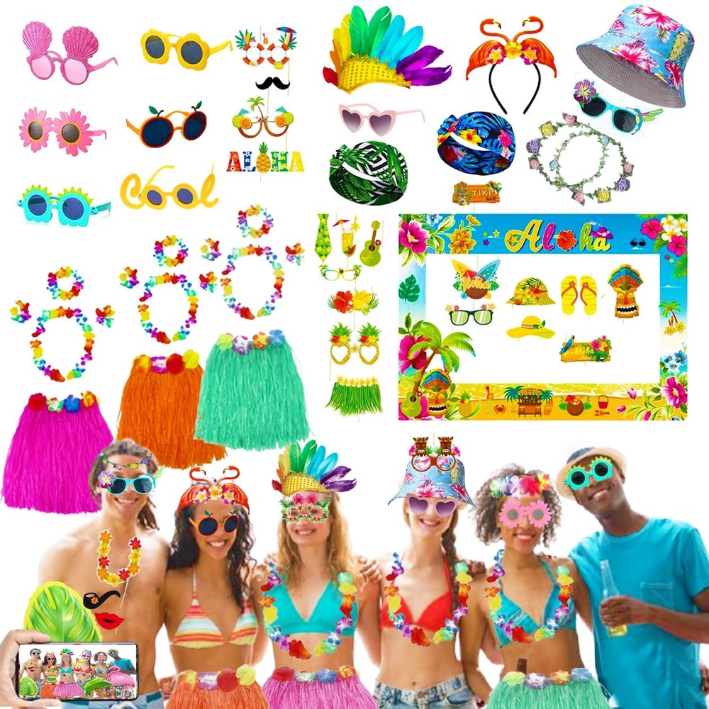 Large Summer Luau Photo Booth Props Set, Funny Hawaiian Sunglasses, Tropical