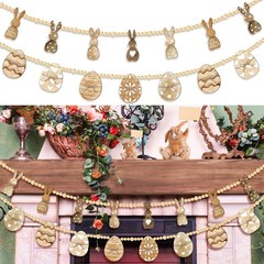 2 Pcs Easter Garland Wooden Rabbit Egg 6 FT Wooden Beads Easter Banner Rustic…