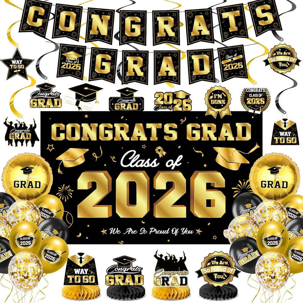 Graduation Decorations 2026-Black and Gold Graduation Party Decorations Supplies