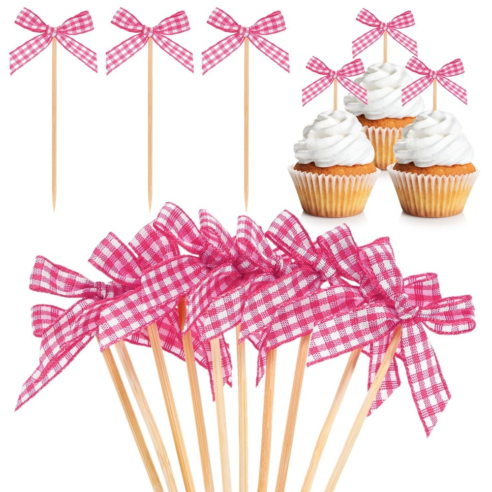 30-Pack Bow Cupcake Toppers, Ribbon Bow Cake Toppers Plaid Bowknot Cupcake Pi…