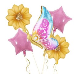 5 PCS Butterfly Foil Balloons Suit With Sunflower Pentagram Foil Balloons Gir…