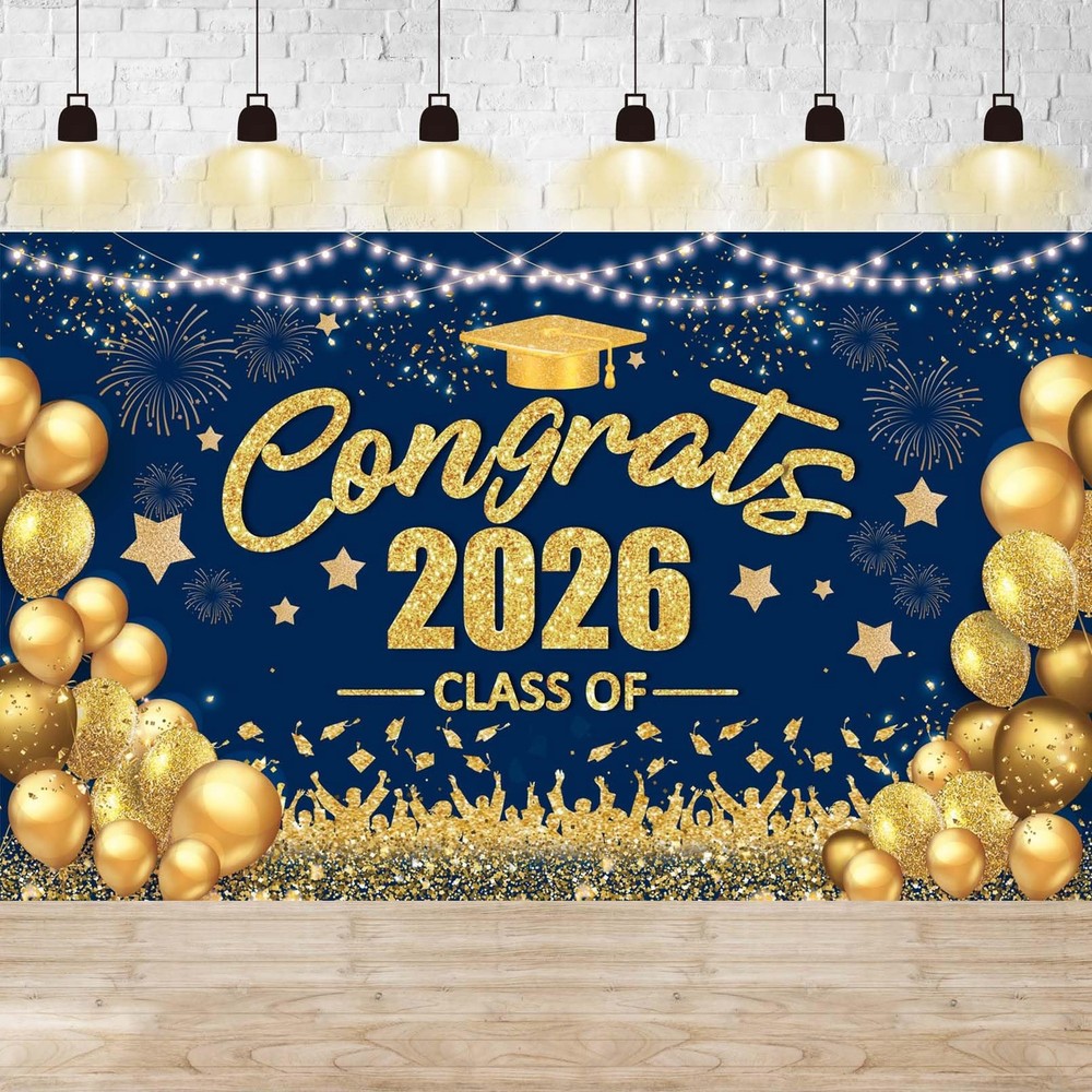 Congrats Class of 2026 Banner Graduation Decorations Large Navy Blue and Gol…