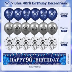 Blue 90th Birthday Decorations for Men Women, Navy Blue Silver Happy 90th Bir…