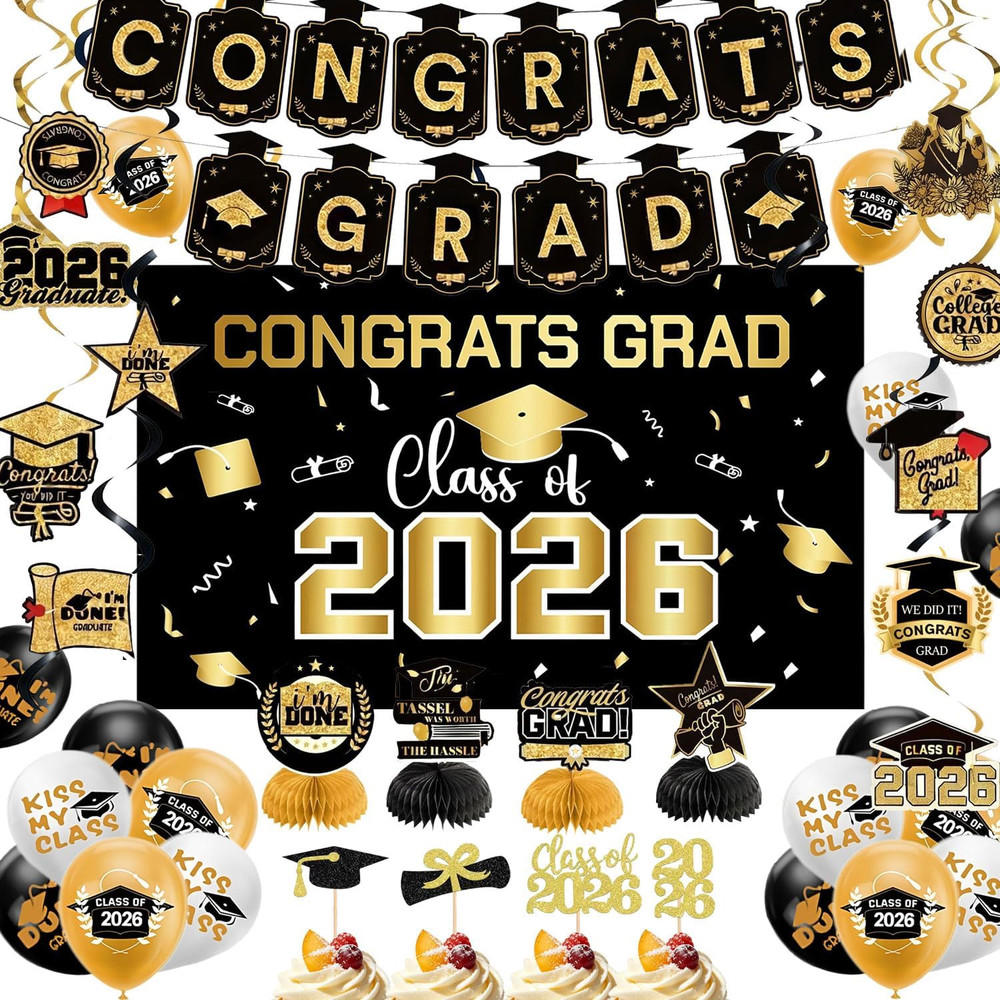 Graduation Decorations 2026 Black Gold Party Decor Set Grad Banner Class