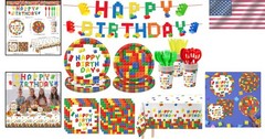 Building Block Party Supplies Kids Birthday Plates Cups Napkins Banner Set