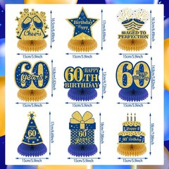 9Pcs Blue 60th Birthday Decorations Navy Gold