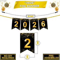 , Large New Year Banner 2026 Sign-8 Feet, No DIY | Black and Gold Banner 2026| N