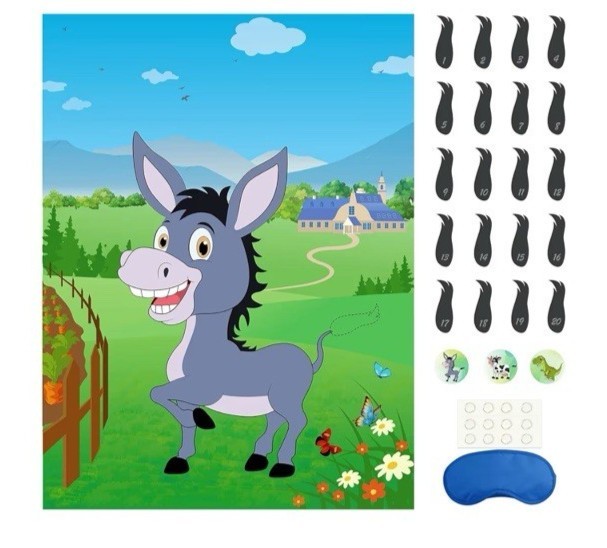 Pin The Tail On The Donkey Party Game 40 Tails Kids Birthday Poster W/ Blindfold