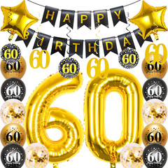 Black Gold 60Th Birthday Decorations Kit for Men & Women, Includes 32In Number 6