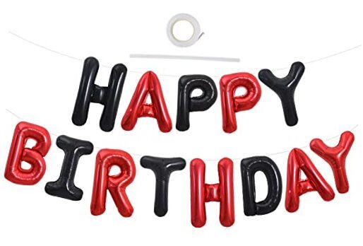 Happy Birthday Balloons Banner with ribbon straw, 16 Inch Mylar Black Red