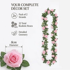 2 Pack Artificial Pink Rose Garland Vine – Total 16FT Silk Fake Blush Pink Rose