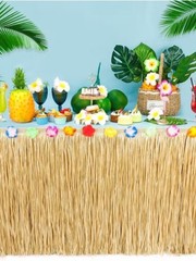 New Tiki Grass Table Skirt with Multicolor Flower Trim – Natural 108”