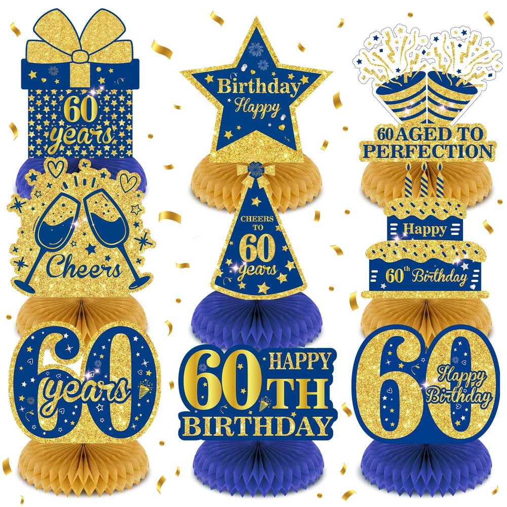 9Pcs Blue 60th Birthday Decorations Navy Gold