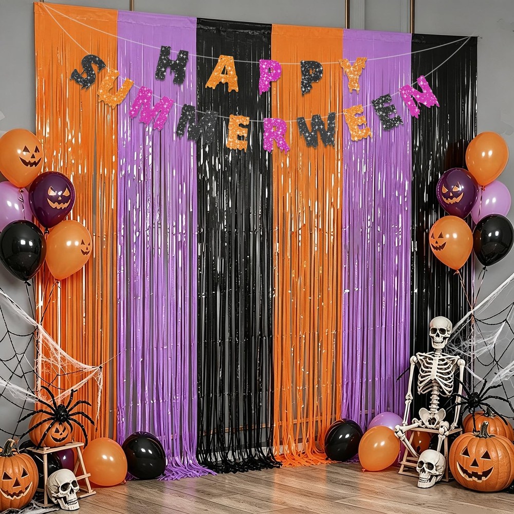 Happy Summerween Banner with 2 Pack Foil Curtain Summer Halloween Party Decor…