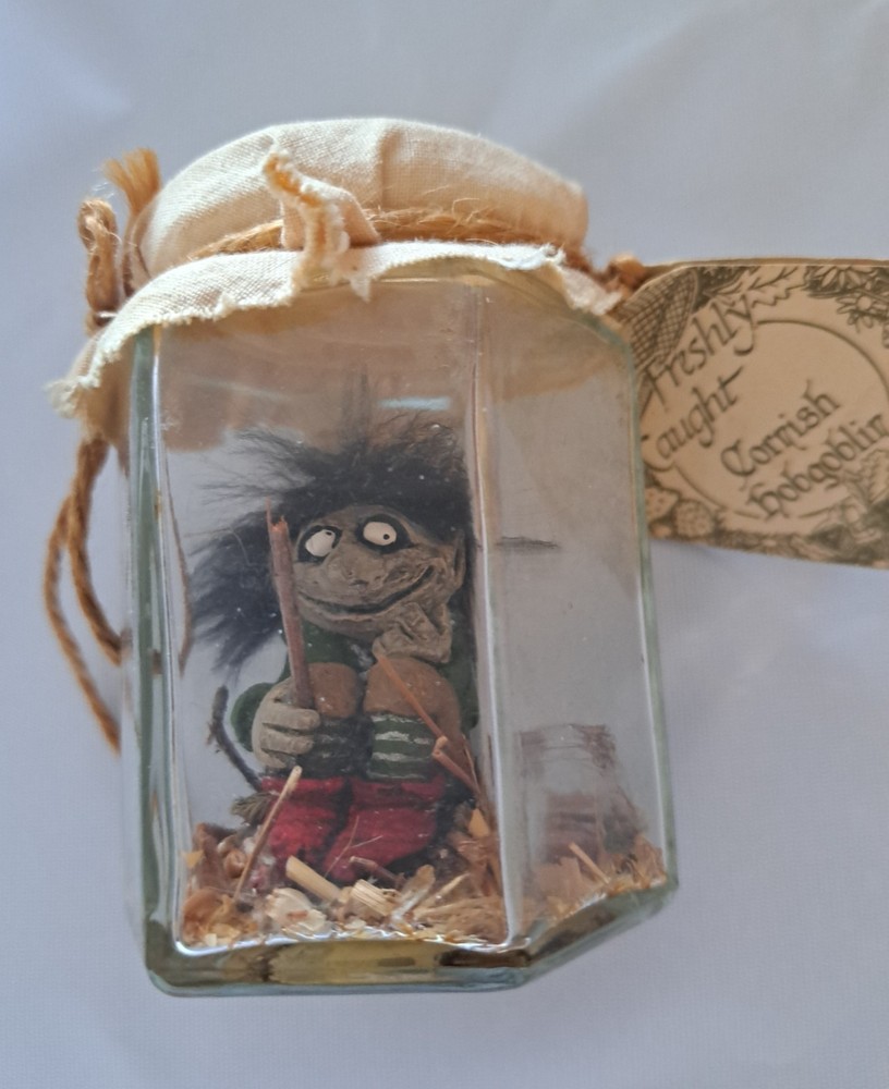 Cornish fairy Hobgoblin in a jar 3 1/2 inches high with tiny booklet.