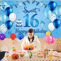 Blulu Happy 16th Birthday Decorations for Boys Girls Extra 185 x 110 cm, blue