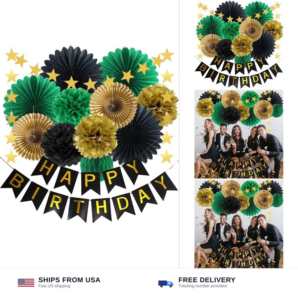 Green Black Gold Birthday Decorations with Happy Birthday Banner Hanging Pape…