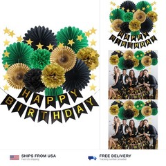 Green Black Gold Birthday Decorations with Happy Birthday Banner Hanging Pape…