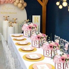 4 PCS Baby Shower Boxes Decorations Wood Blocks Printed Letter Pink Centerpiece