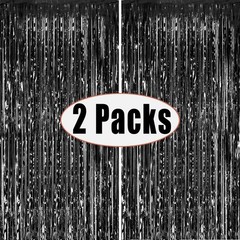Fecedy 2 Pack Black Metallic Tinsel Foil Fringe Curtains Party Decor 3×8.3ft