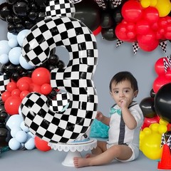 Checkered Number 3 Balloon 40 Inch, Large Foil Black and White Number Balloon…