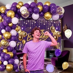 Purple & Gold Birthday Decorations for Women – Happy Birthday Backdrop & Balloon