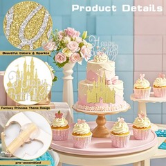 2Pcs Gold Princess Cake Toppers Silver Happy Birthday Cake Toppers Glitter Pa…