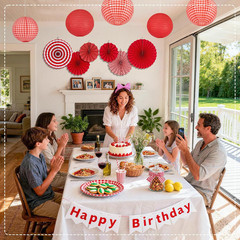 15 Pcs Red Gingham Party Decorations, 12 Inch Hanging Paper Lanterns and Fans fo