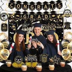 Graduation Decorations 2026 Set Black Gold, Congrats Grad Decor Set with Banner
