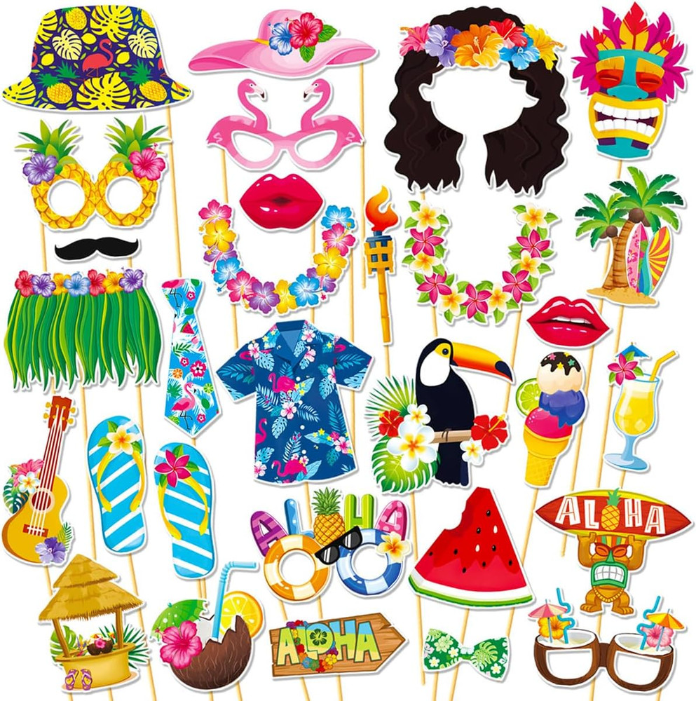 Luau Party Decorations, 30PCS Hawaiian Photo Booth Props Kit, Tropical Aloha Th