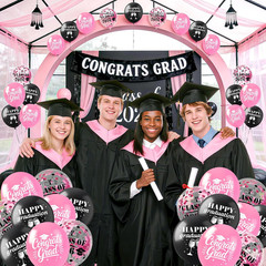 Graduation Balloons Decorations 24Pcs Black Pink Class of 2026 Grad Latex