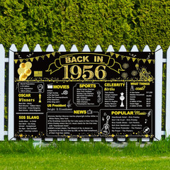 70Th Birthday Black Gold Party Decoration, Back in 1956 Banner 70 Year Old Birth