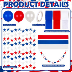 Patriotic Red Blue White Decorations 300Pcs Paper Chain Stripe 60Pcs Balloon 492