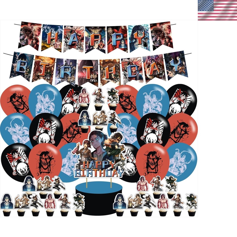 Anime-Themed Attack on Titan 4 Birthday Decor: Cake Toppers, Balloons & Banner