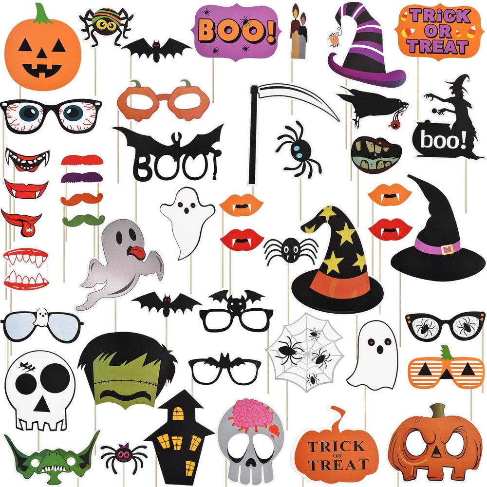 Halloween Photo Booth Props Kit Scary DIY Costumes Props with Wooden Sticks