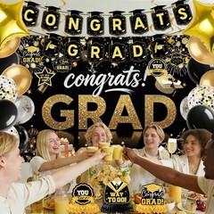 Graduation Decoration 2026 Black Gold Banner High School Party Celebration Set