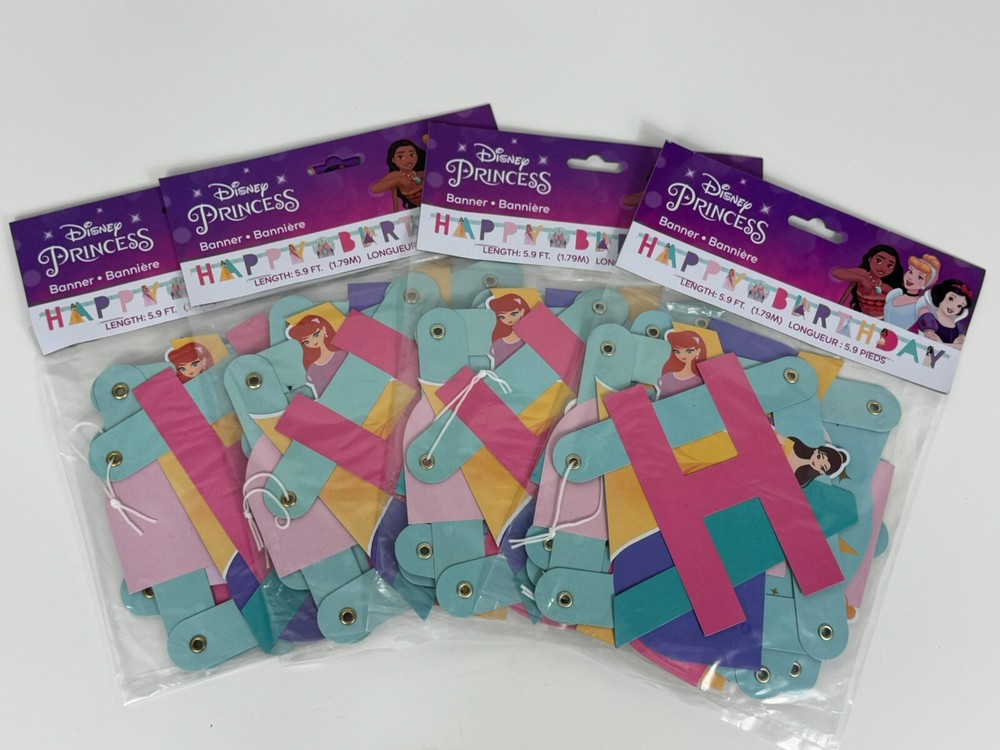 Disney Princess Birthday Banner Ariel Belle Cinderella Moana Snow White Lot Of 4