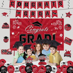 Graduation Decorations 2026 Set – Red Themed Congrats Grad Banner, Backdrop, Han