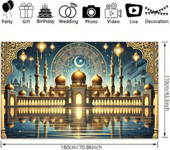 Ramadan Eid Banner Mosque Reflection Backdrop Gold Dome Islamic Wall Decor Ha…