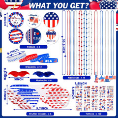 146Pcs Patriotic Accessories Including Glasses Necklaces Silicone Bracelets Tatt