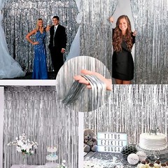 2 Pcs Silver Metallic Foil Fringe Curtains Tinsel Backdrop for Photo Booth Party