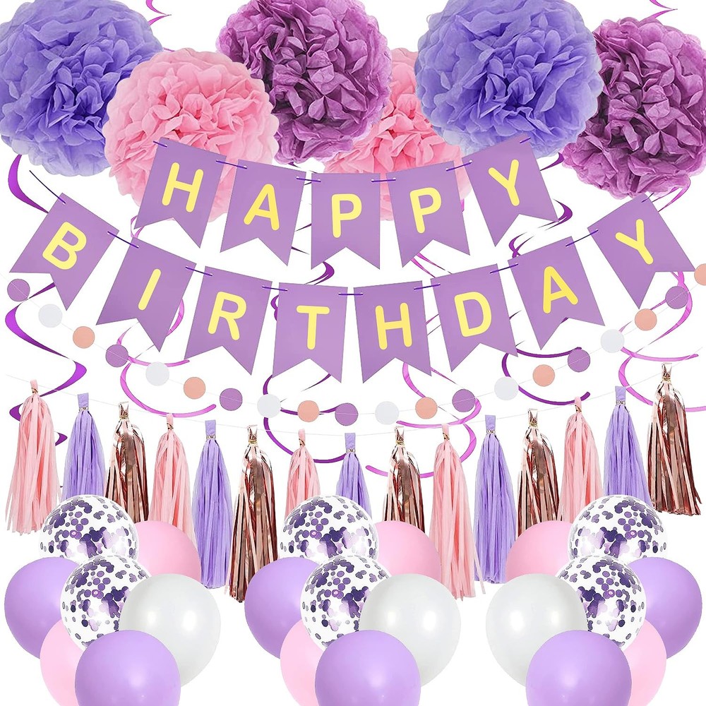 Purple Pink Birthday Party Decorations for Women Girls with Happy