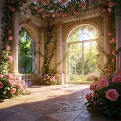 Rose Garden Backdrop Elegant Palace Flower Wedding Background Photo Banner Decor