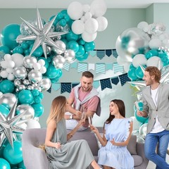 125pcs Teal Silver White Balloon Garland Arch Kit, White Metallic Silver Teal…