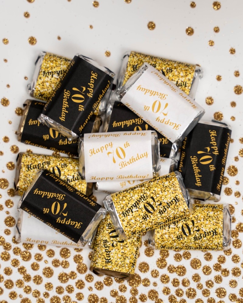 70th Birthday Miniatures Candy Bar Wrapper, (Set of 60) CANDY NOT INCLUDED