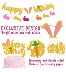 Bunny Birthday Decorations Kit Rabbit Theme Happy Birthday Banner Cake Topper 📦