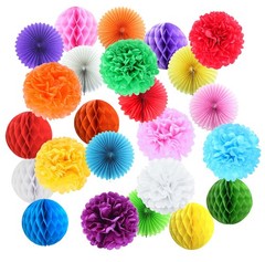 24 Pack Colorful Papers Set Party Decorations, Honeycomb Balls, pom poms, Fan…